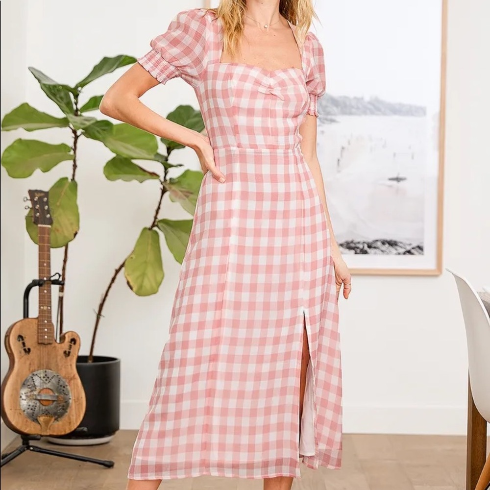 Lulus Soft Side of Love Peach Gingham Puff Sleeve Midi Dress NWT